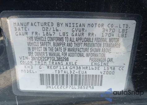 2016 Nissan Versa Note Sv z USA, uszkodzony, nr VIN 3N1CE2CP7GL385298